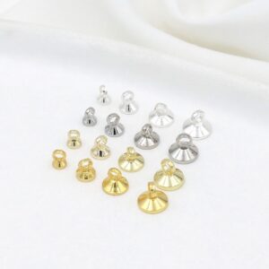 変色しにくい 14K 金メッキ 針なし丸カン付きパール花座キャップ DIY ハンドメイドアクセサリーパーツ 真鍮製丸型ペンダント金具